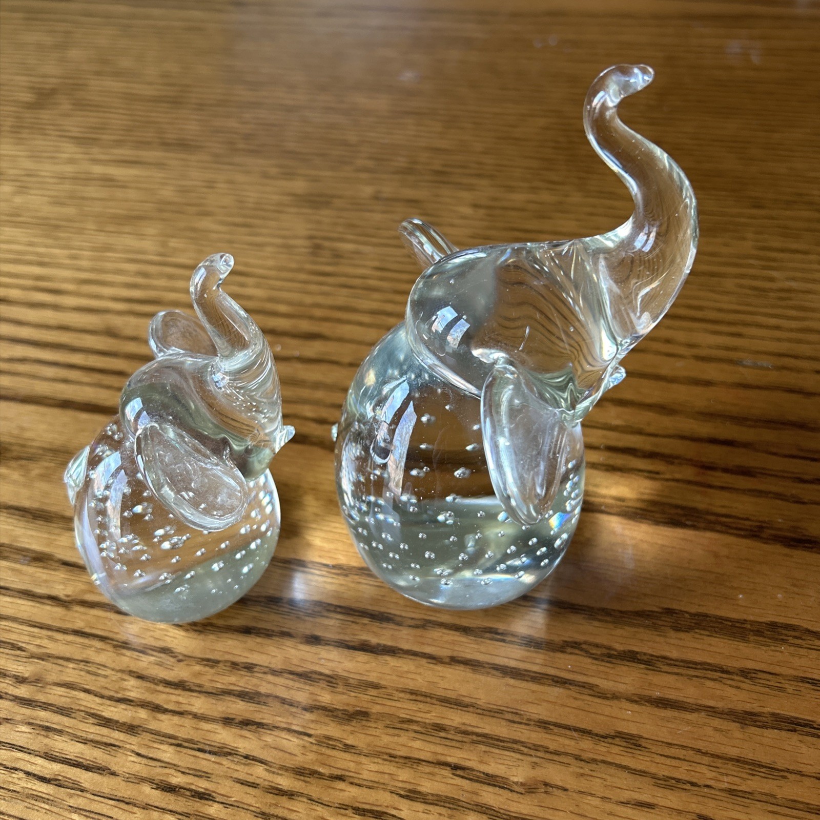 Clear Glass Elephants. Pair Of  Trunk Up Crystal Polished Elephants.