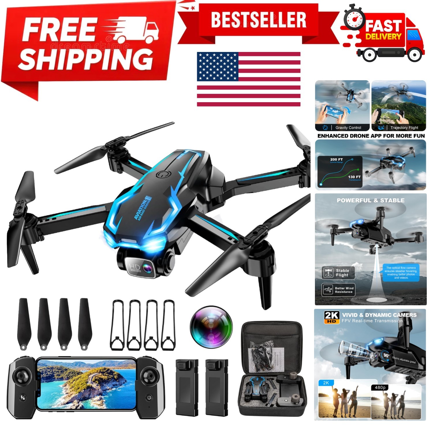 2K HD FPV Drone with Camera for Adults - Altitude Hold, One-Key Takeoff/Landi...
