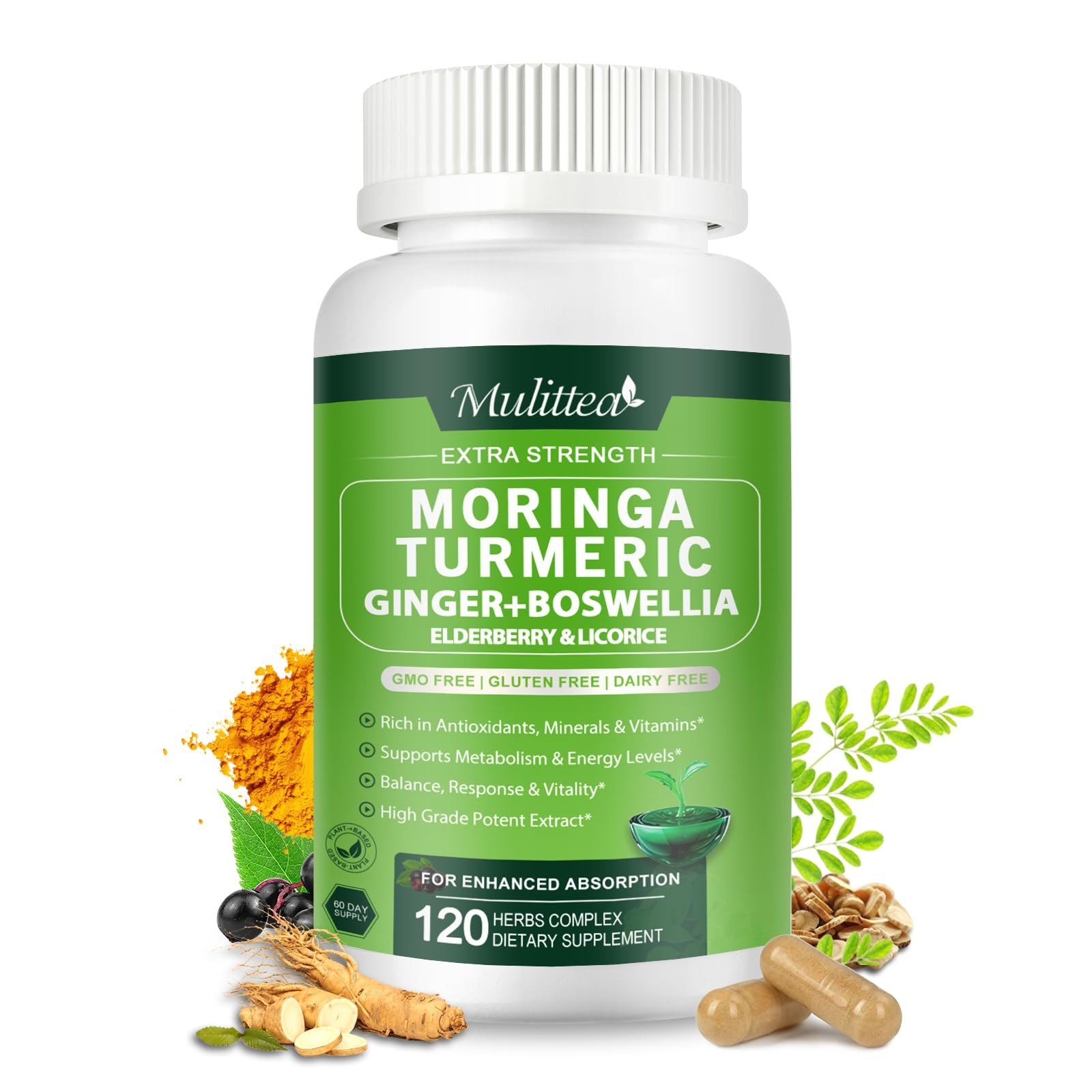 Moringa Capsules Organic 1000mg, 7-in-1 Superfood with Turmeric, Ginger, Elde...