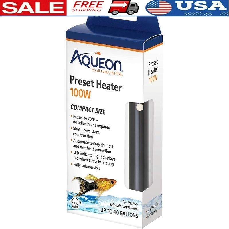 Preset Aquarium Heater 100W 40 Gallons Fully Submersible Auto Shut-off LED Light