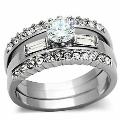 5mm CZ Three Ring Set Baguettes Stainless Steel Womens Sizes 5 6 8 9 10