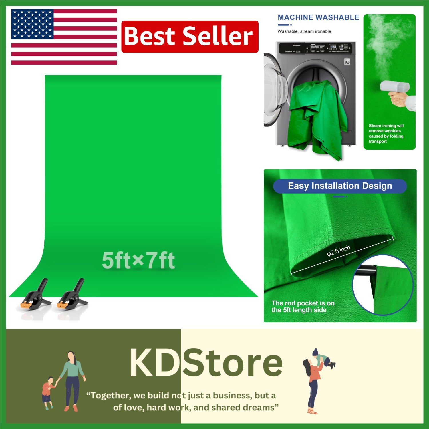 Chroma-Key Green Screen Cloth 5x7ft - Machine Washable with Clamps for Streaming