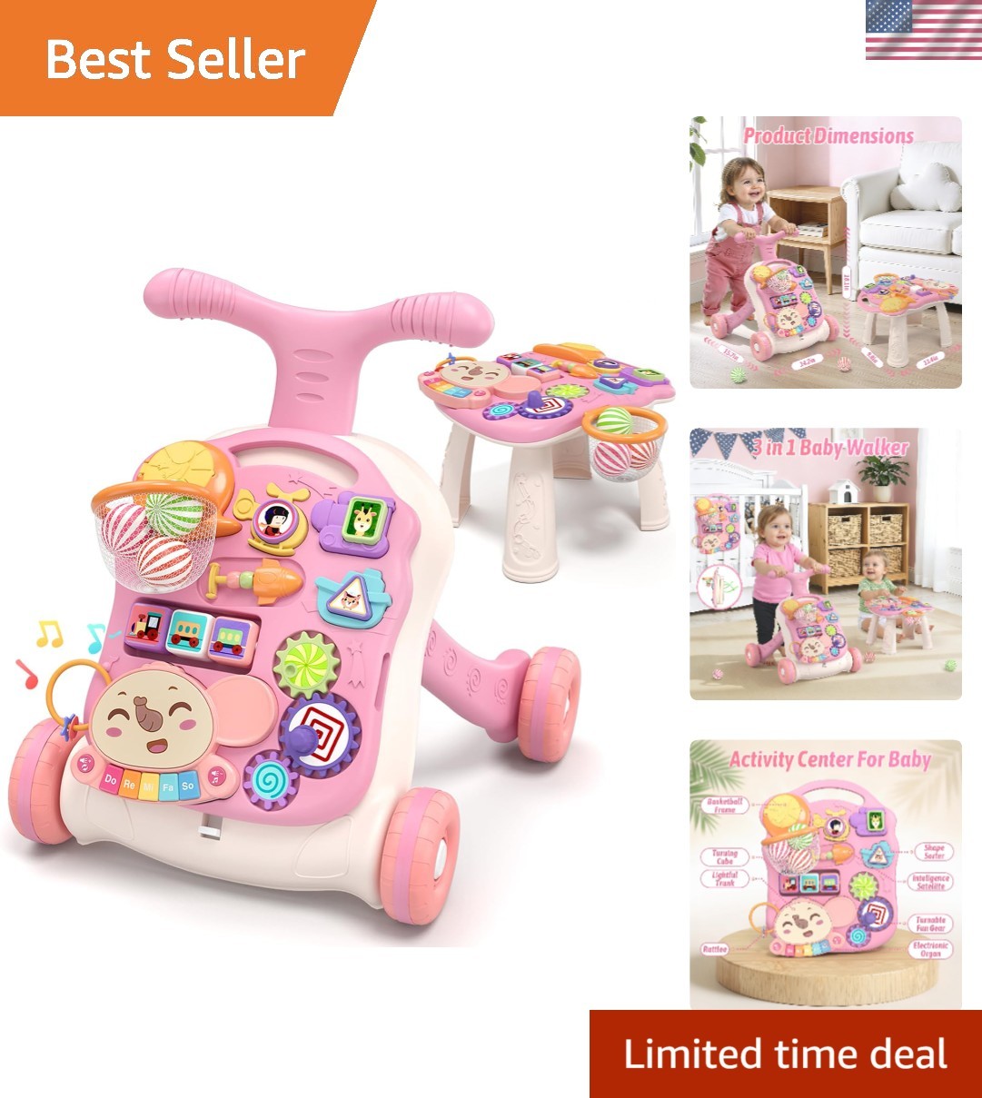 Safe & Sturdy 3-in-1 Baby Walker - Music & Play Table for Infants 12+