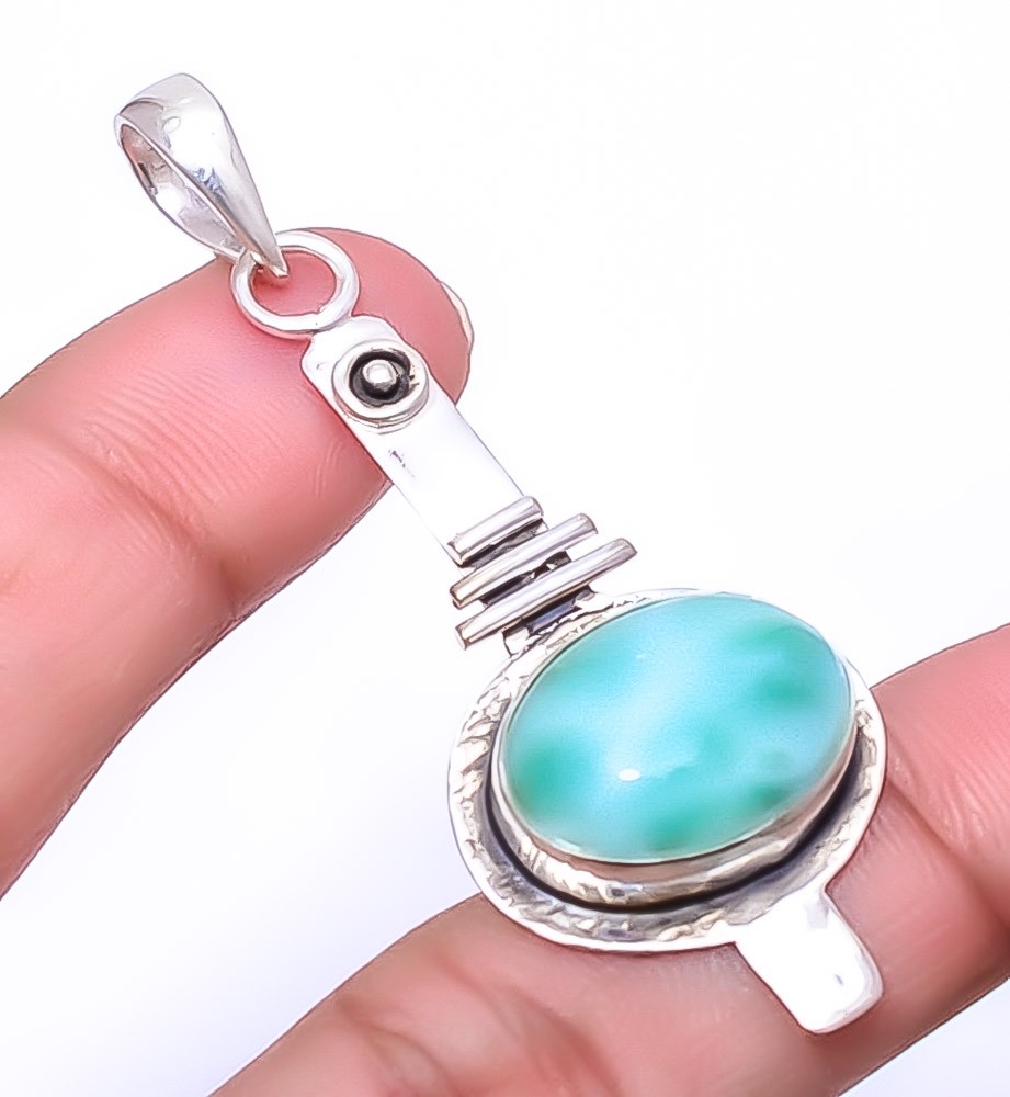 Genuine Larimar Sand Paper Textured 925 Sterling Silver Pendant 2.34" P7520-47