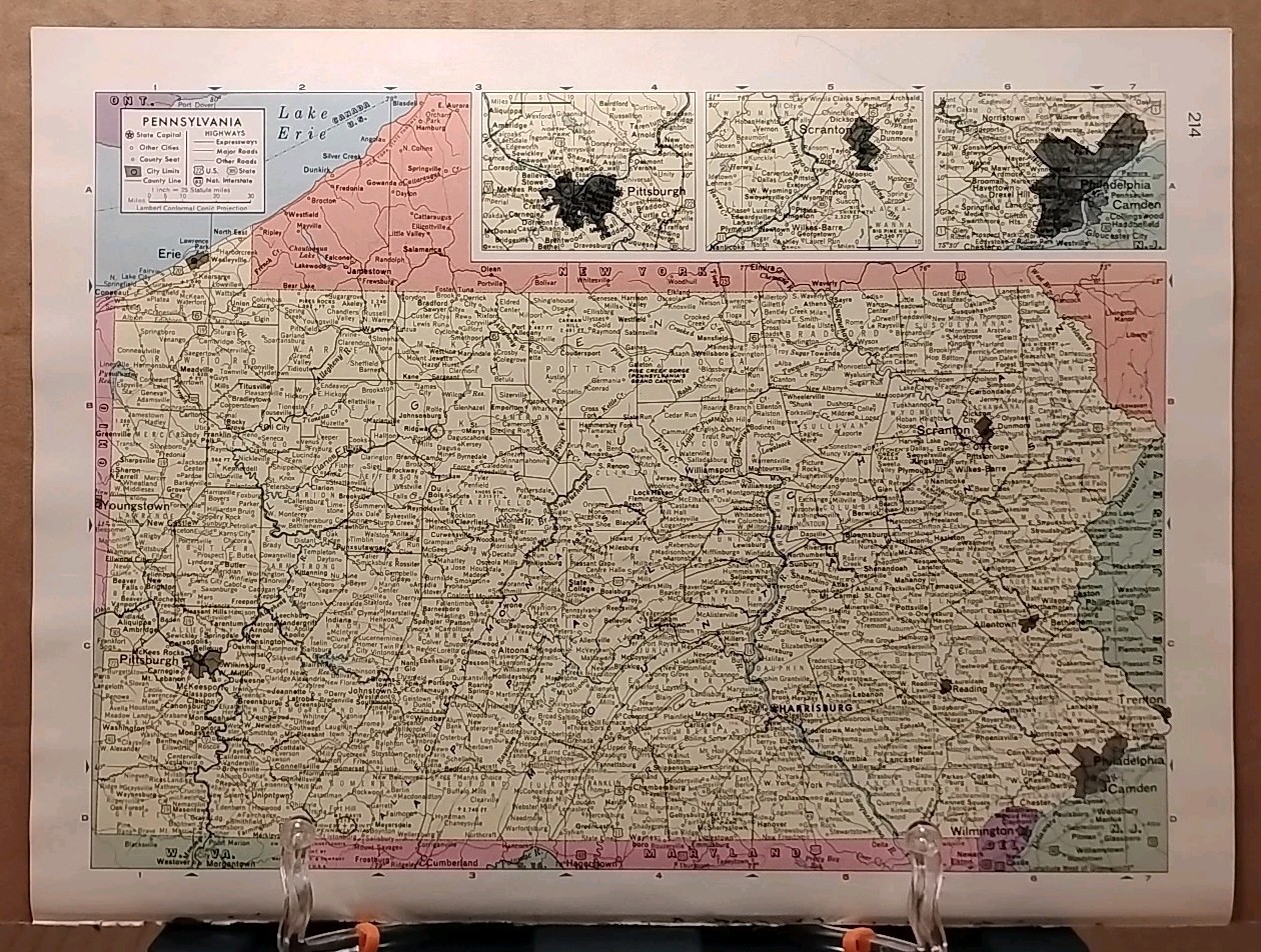 1961 Vintage PENNSYLVANIA Old Atlas Map Life Pictorial Atlas of the World