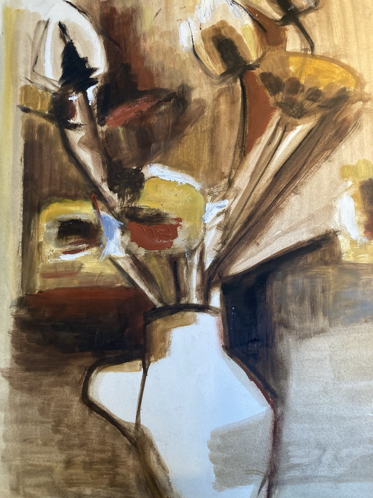 Très Belle Peinture Gouache Fleur Chardon Dessin Papier 1960 Art Vase Bouquet