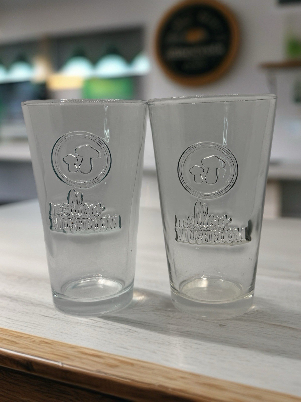 Lot Of 2 Mellow Mushroom Embossed Beer Pint Glasses; Glassware Pint Glass 3D