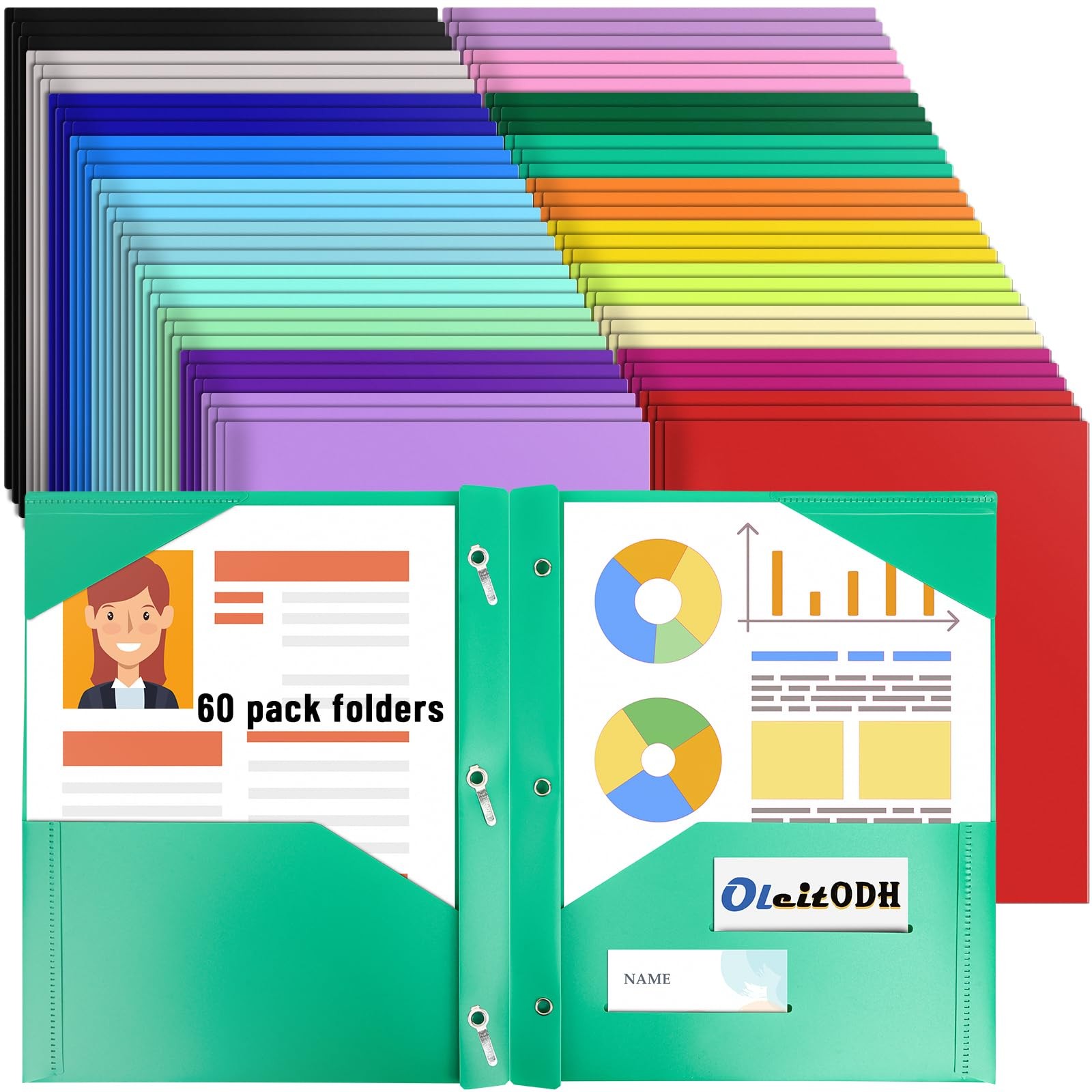 Oleitodh 60 Pack Plastic Folders, 3 Prongs, 2 Pockets, 20 Colors