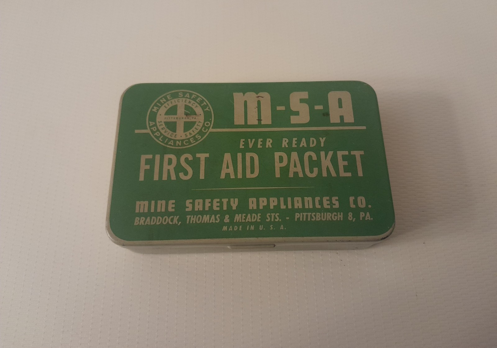 Antique MSA Ever Ready First Aid Packet Mine Safety Kit Pittsburgh 8 PA Tin!