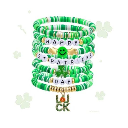  St. Patrick's Day Bracelets for Men Women Teens Shamrock&Luck Charm Clay Green