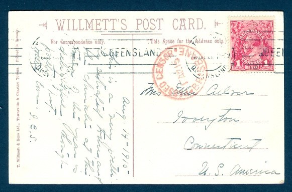 AUSTRALIA 1915 TOWNSVILLE QLD PPC CENSORED TO USA