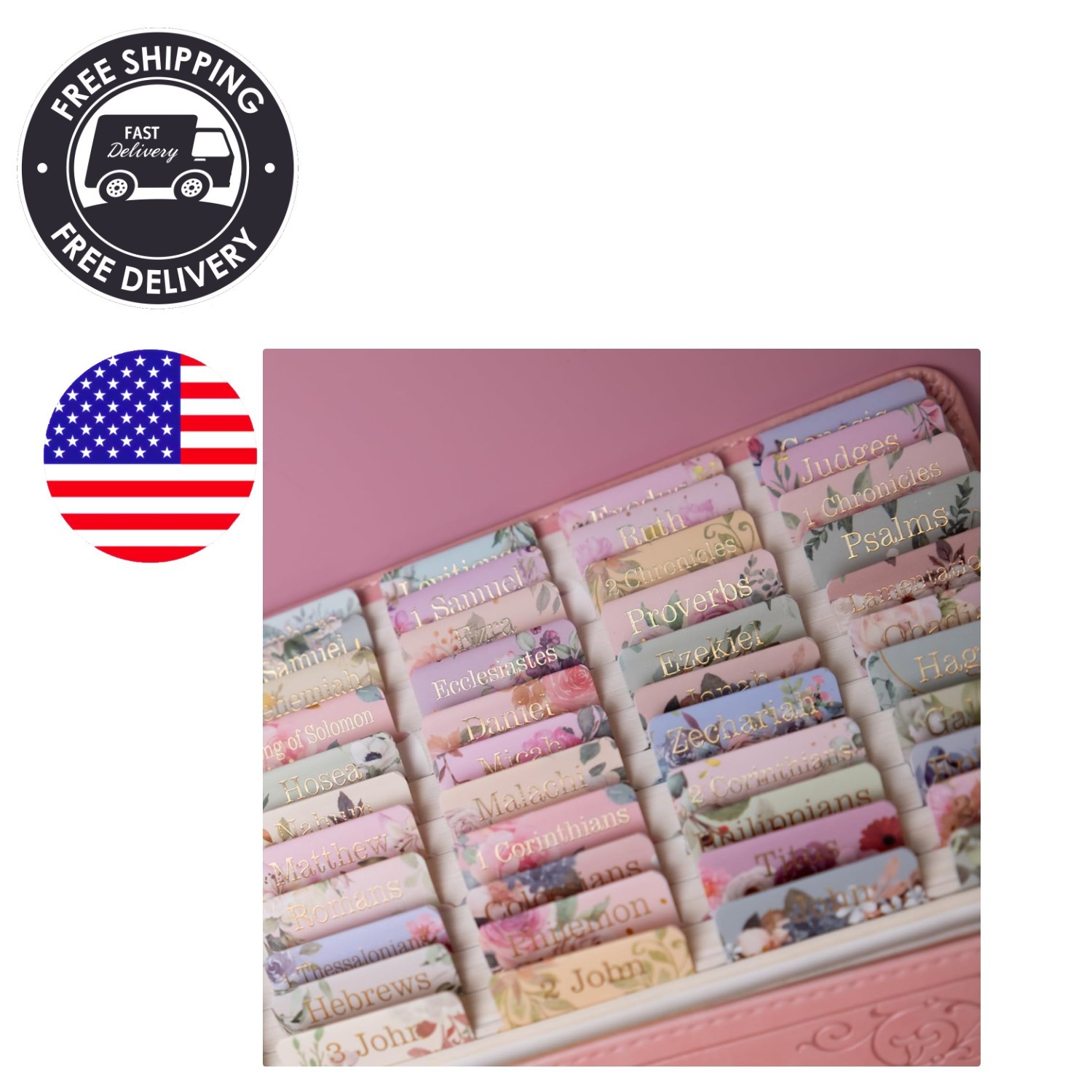 Personalizable Bible Tabs with Floral Design - 80 Large Print Self-Adhesive Tabs