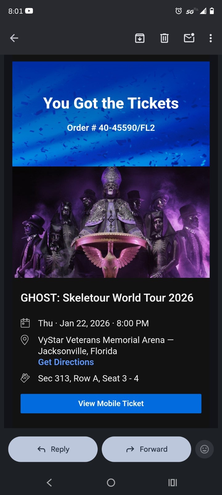 Ghost Skeletour World Tour 2026 Tickets Jacksonville Sec 313 Row A Seats 3-4