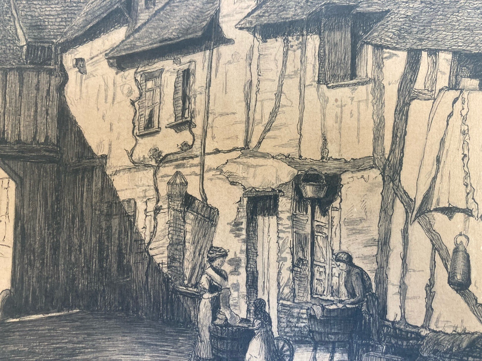 Très Beau Dessin Encre Lavis XIXe Papier Blanchisseuses Linge A Identifier Art