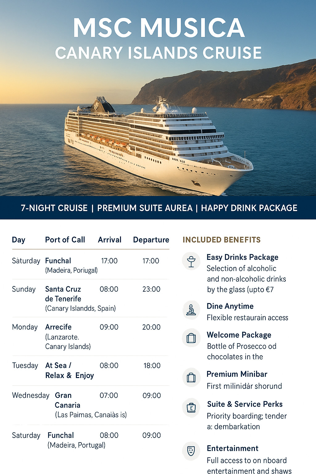 7-Night Canary Islands Cruise aboard MSC Musica Premium Suite Aurea (Happy Drink