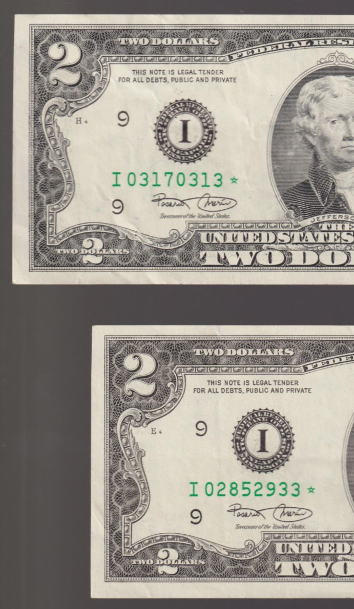 Two STAR 2003 $2 Dollar Bills Old Federal Reserve Notes Circulated Paper Money