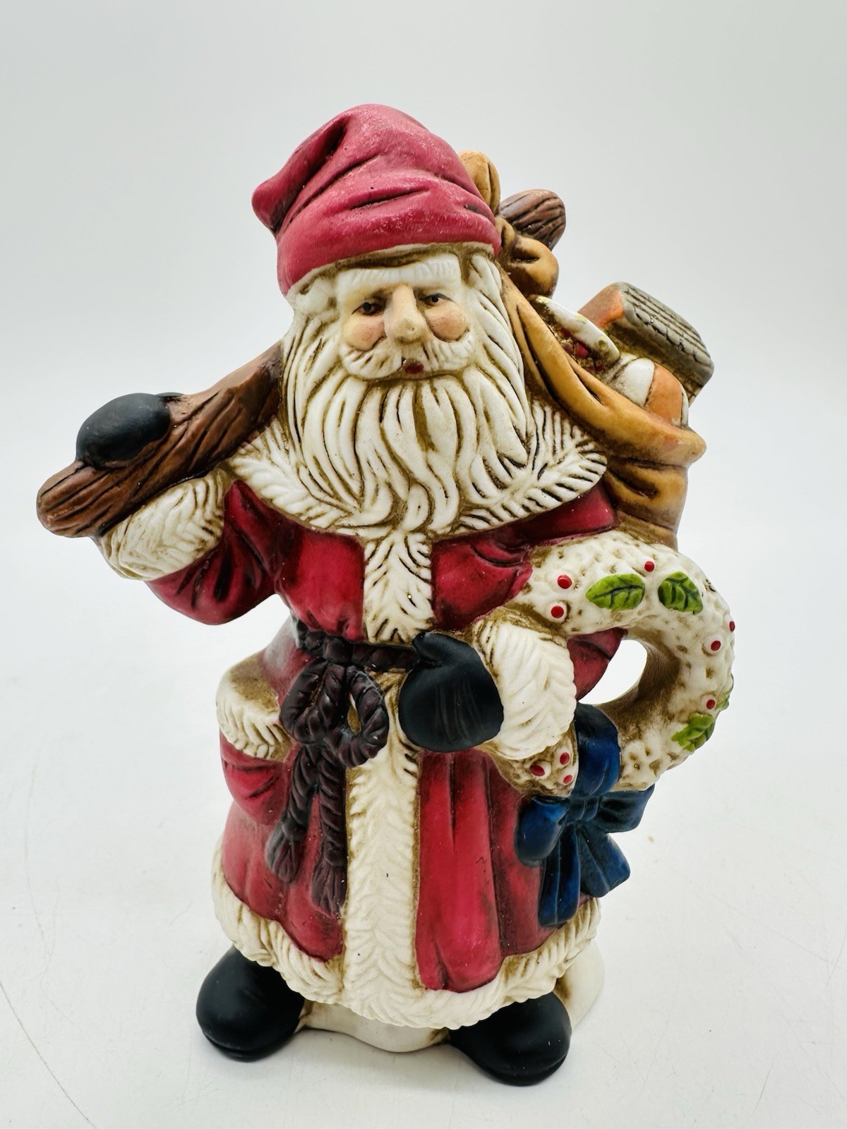 Enesco Santa Claus Belsnickel Figure w Bag of Toys & Wreath Porcelain 6"
