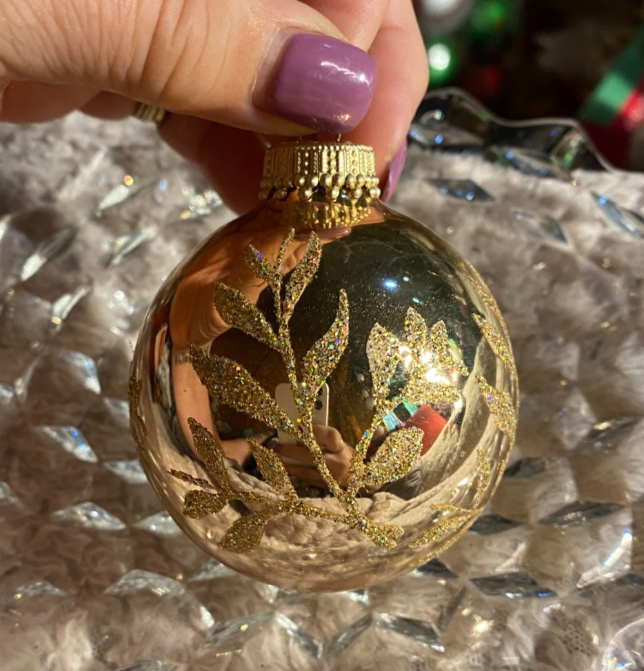 Gold Stenciled w Gold Glitter Design Christmas Ornament 2.5"