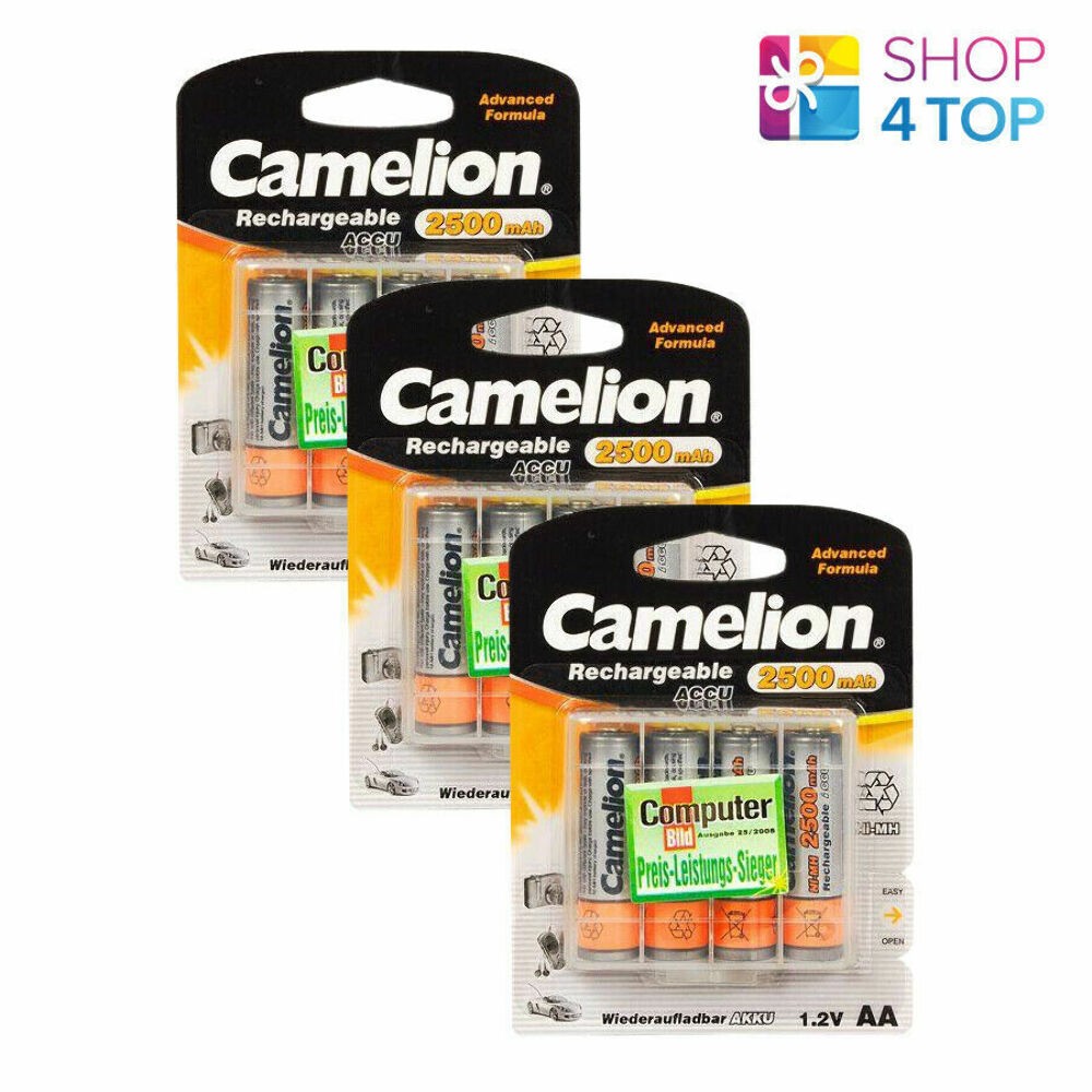 12 Camelion AA Rechargeable Batteries Accu HR6 2500mAh 1.2V 4 Pack With Box NEW