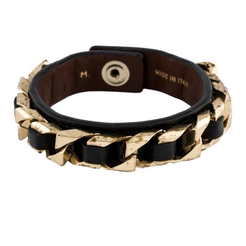 Givenchy Gold Tone Chain Link Black Leather Wrap Snap Bracelet Sz M Italy