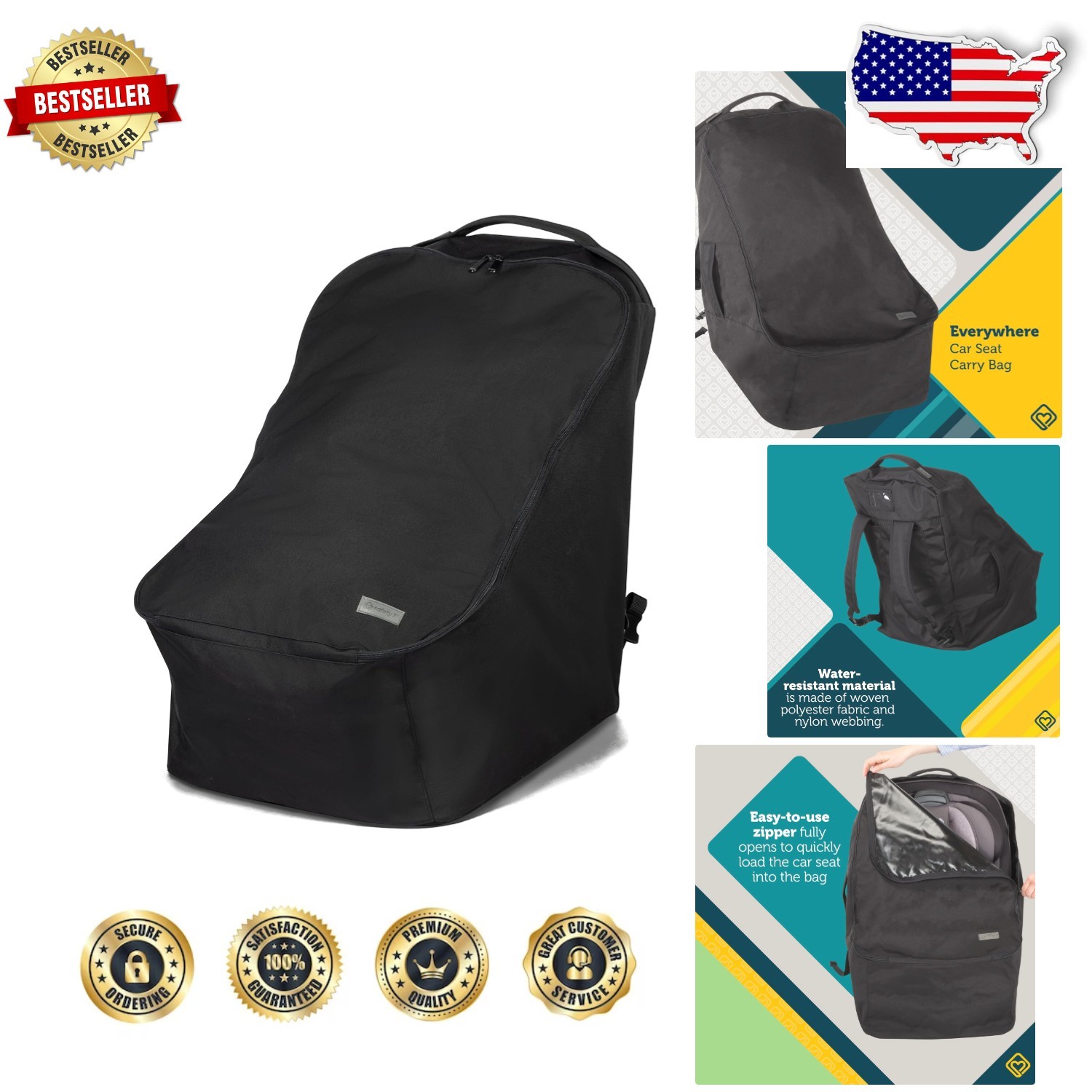 Convertible Car Seat Bag - Black Polyester, Padded Backpack, Travel Everywhere