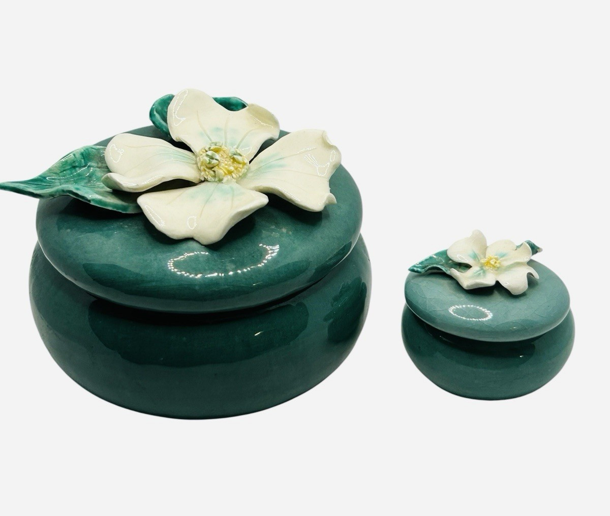 Vintage Green Ceramic Dogwood Flower Trinket Boxes Set 2 Lidded Jewelry