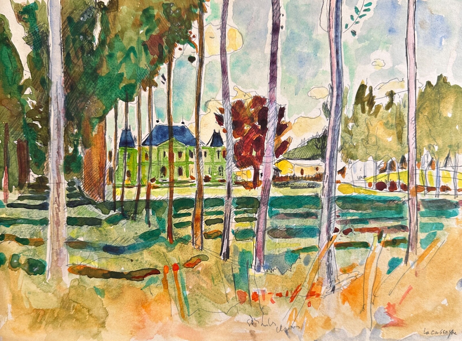 Antique Drawing Landscape View of The Castle Of Lacassagne Gers Jean Terles Deco