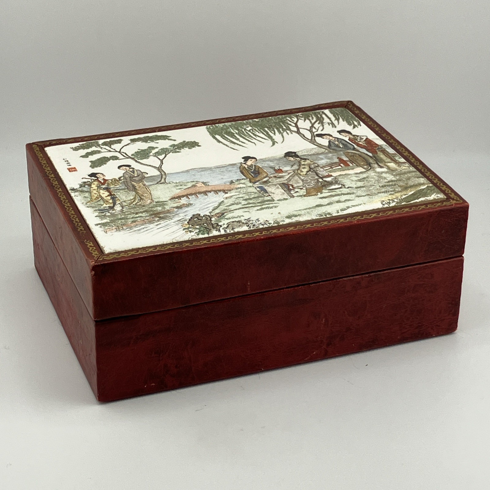 Asian Red Leather Jewelry Box with Porcelain Plaque Painted Tile