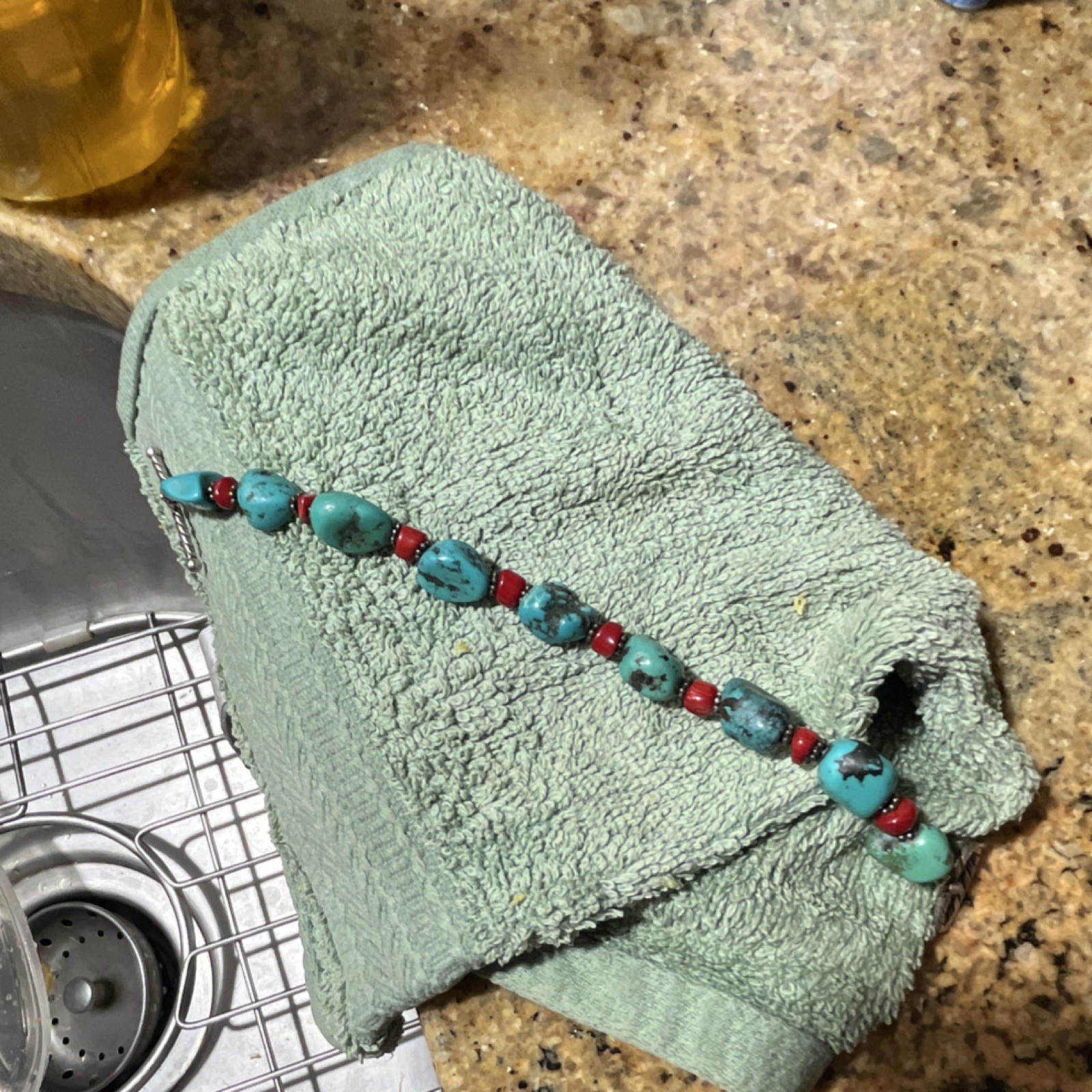 Beaded Turquoise Coral Bracelet Silver Toggle Native American Style