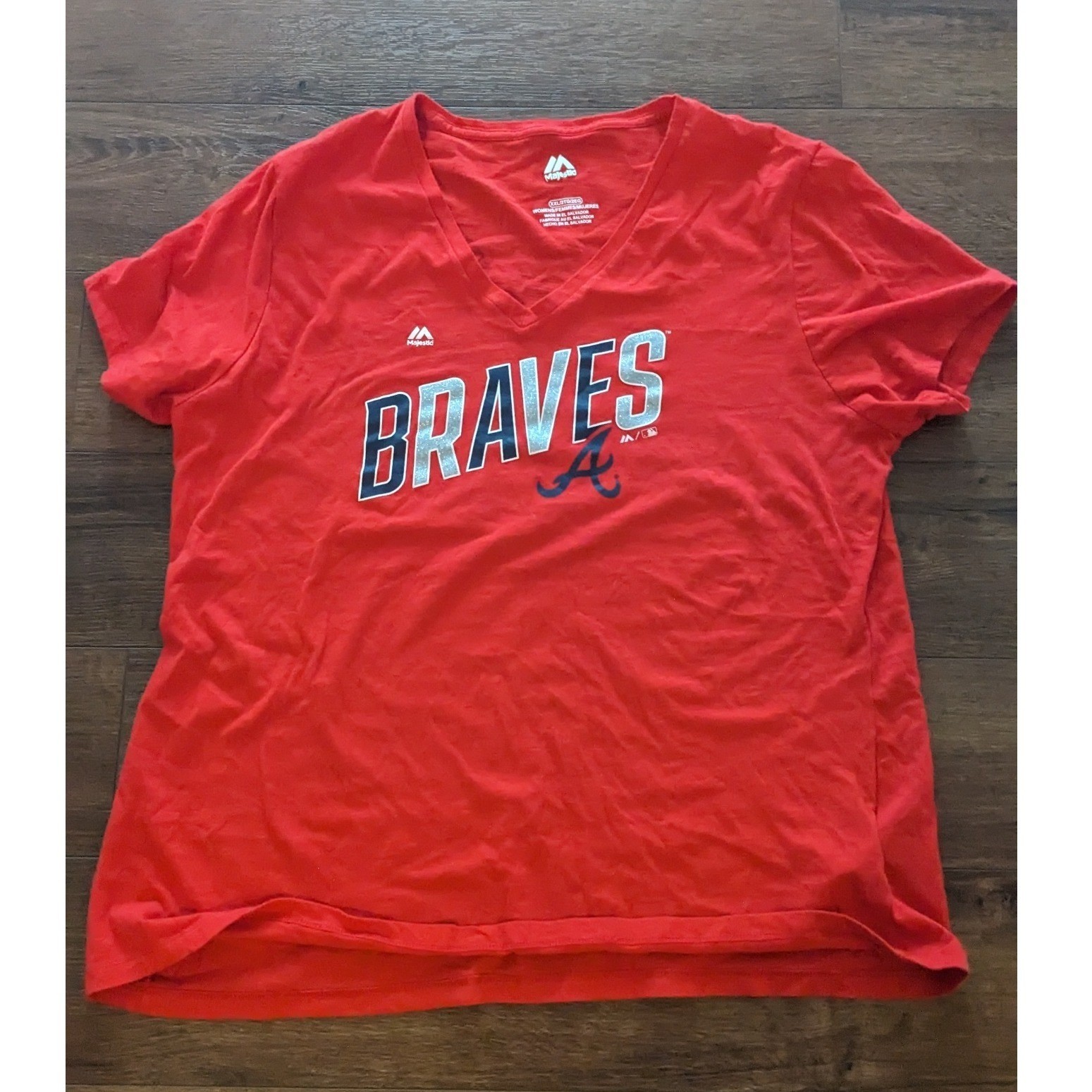 Atlanta Braves Womens Red V Neck T Shirt Top Size 2xl
