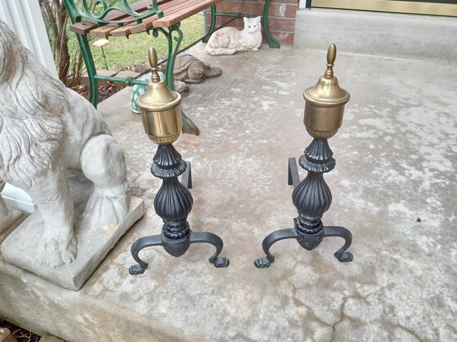 Vintage Brass Topped Andirons / Fireplace Dogs