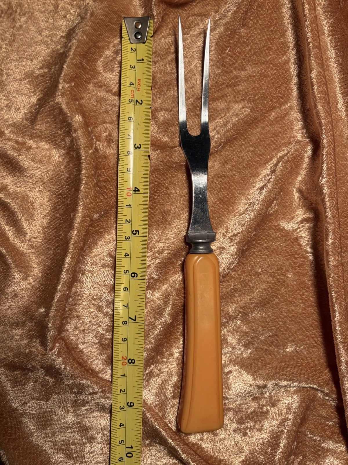 Vintage Bakelite and Stainless Meat Serving Fork, Butterscotch Bakelite Handle