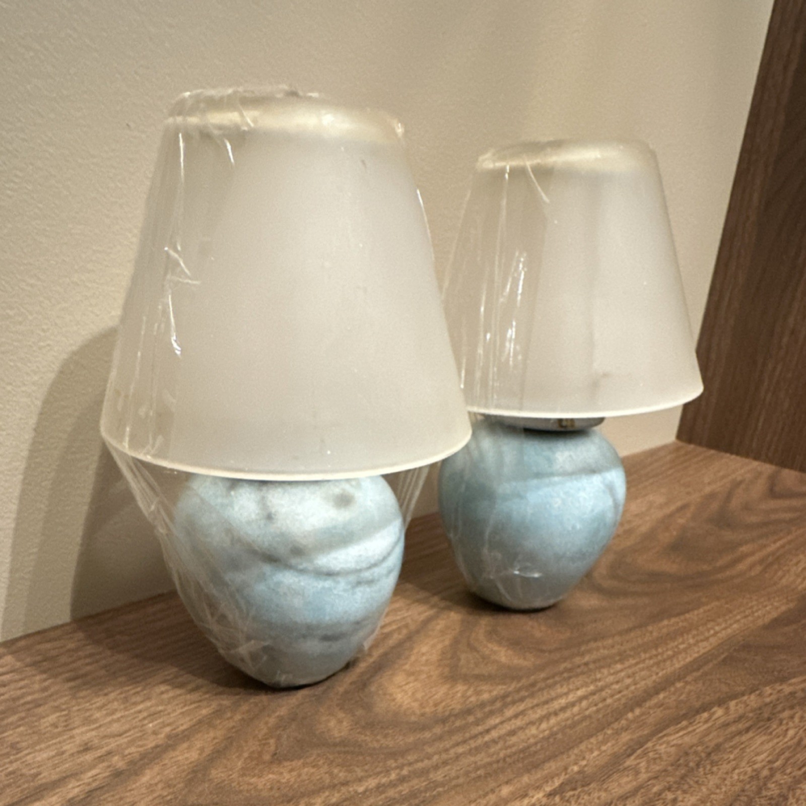 Heavy Pair of Blue Marble  Tea Light Fairy Lamps with Cone Shades