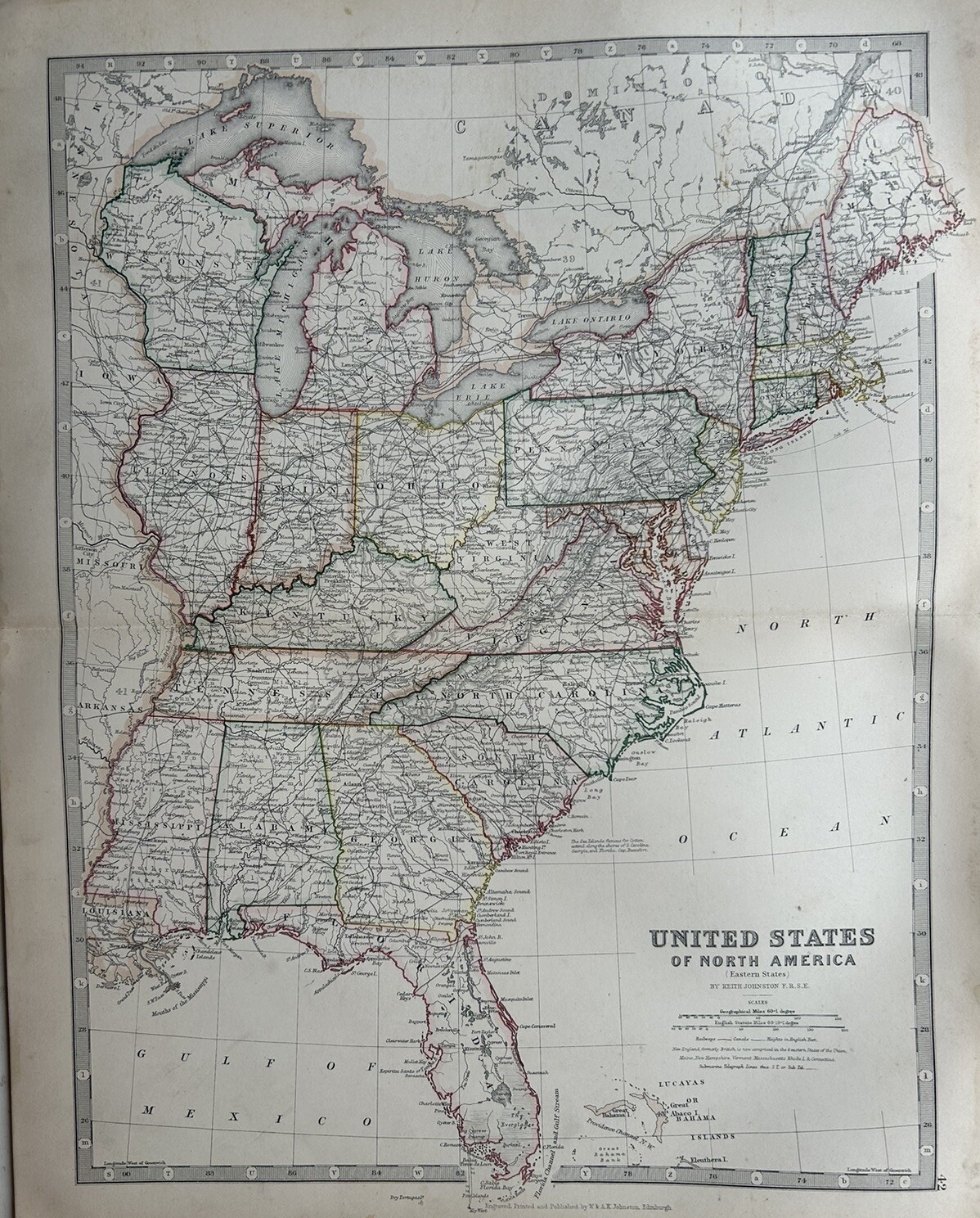 1884 Eastern United States Hand Coloured Original Antique Map by Johnston