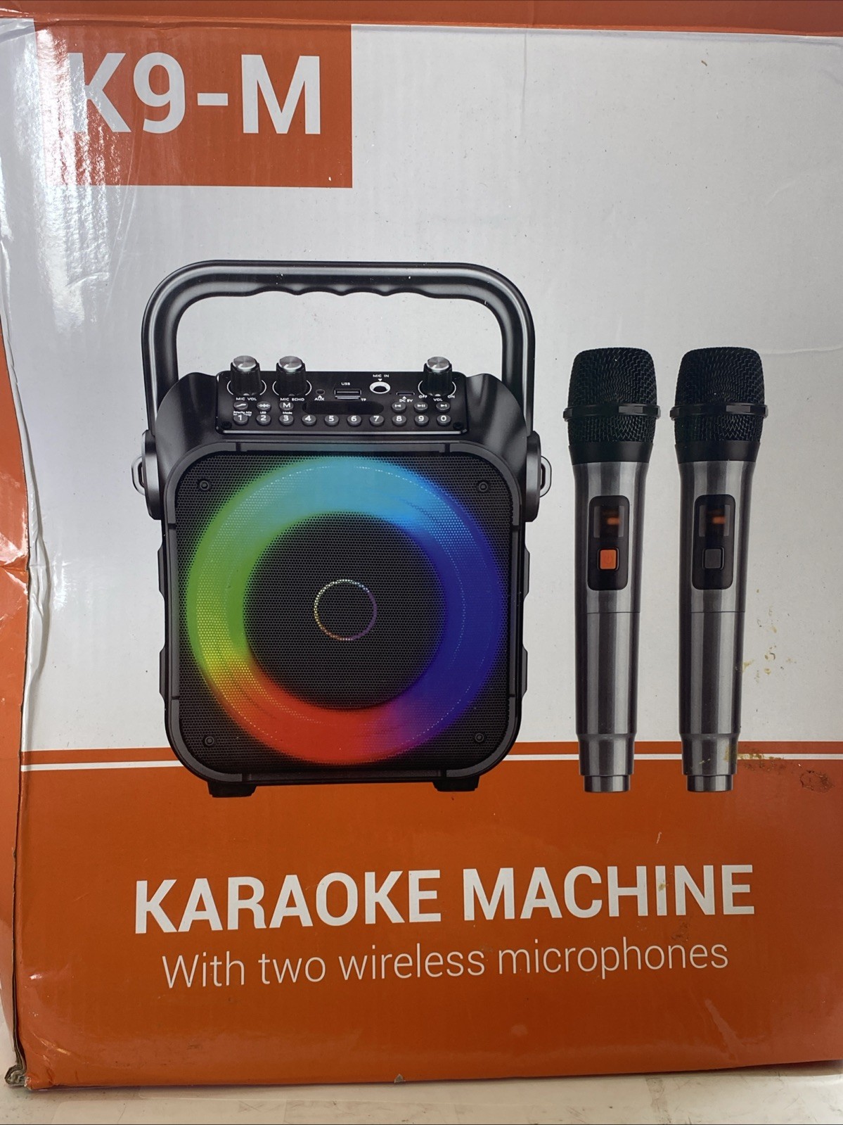 Karaoke Machine Two Wireless Microphones LED Lights K9-M Black/Orange