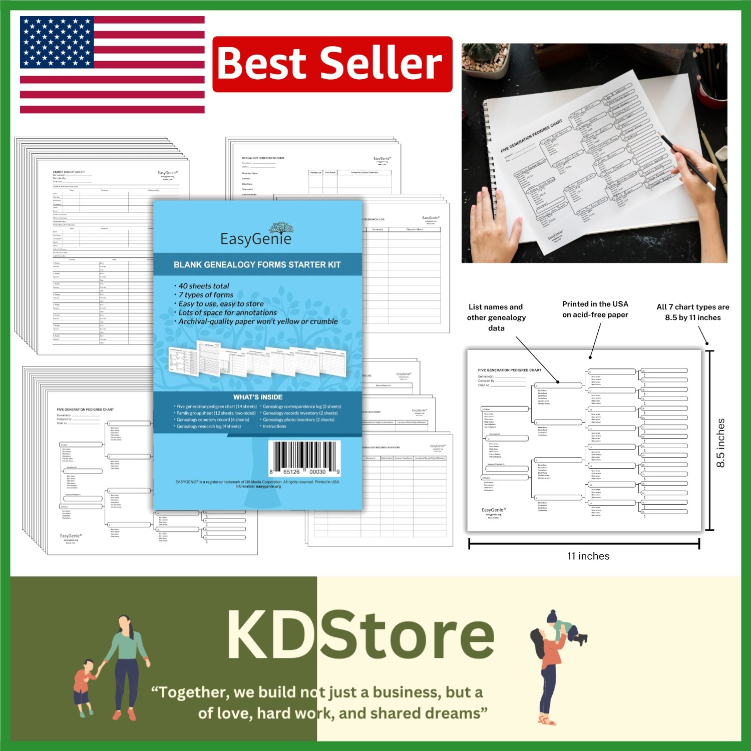 Complete Genealogy Research Kit - 40 Pre-Punched Sheets for Easy Organization