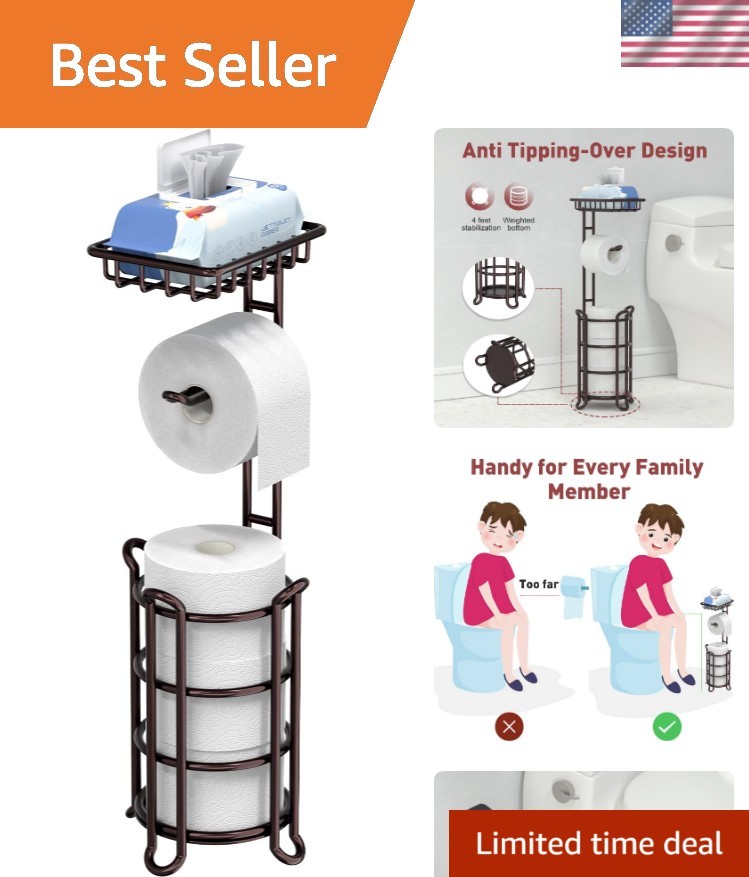 Toilet Paper Holder Stand Tissue Paper Roll Dispenser with Shelf for Bathroom...