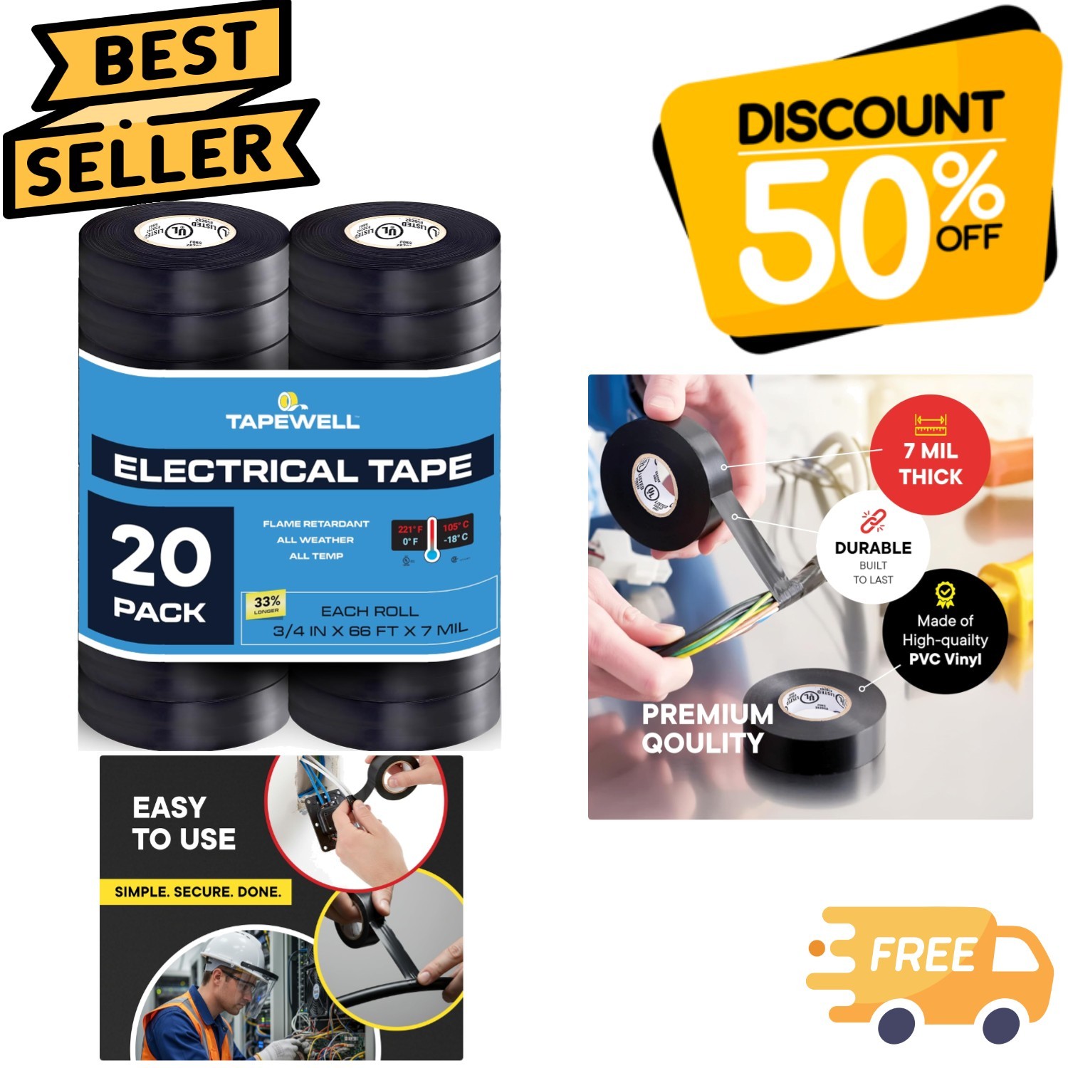 All-Weather PVC Electrical Insulating Tape 3/4" x 66ft, U/L Approved, 20 Pack