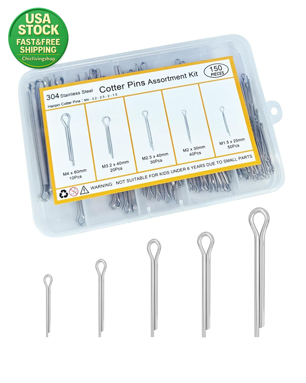 150 Pcs Cotter Pin Assortment Kit 304 Stainless Steel Various Sizes R Clips