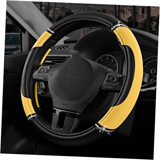  Leather Steering Wheel Cover - Made with PVC Leather - Anti-Slip, Yellow