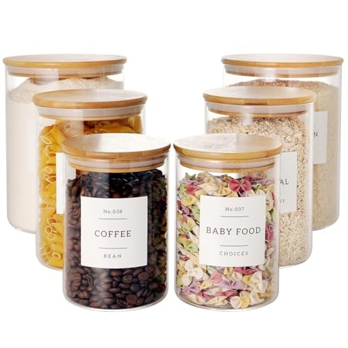 Set of 6 Glass Flour and Sugar jars with 132 Kitchen Pantry Labels - 6pack