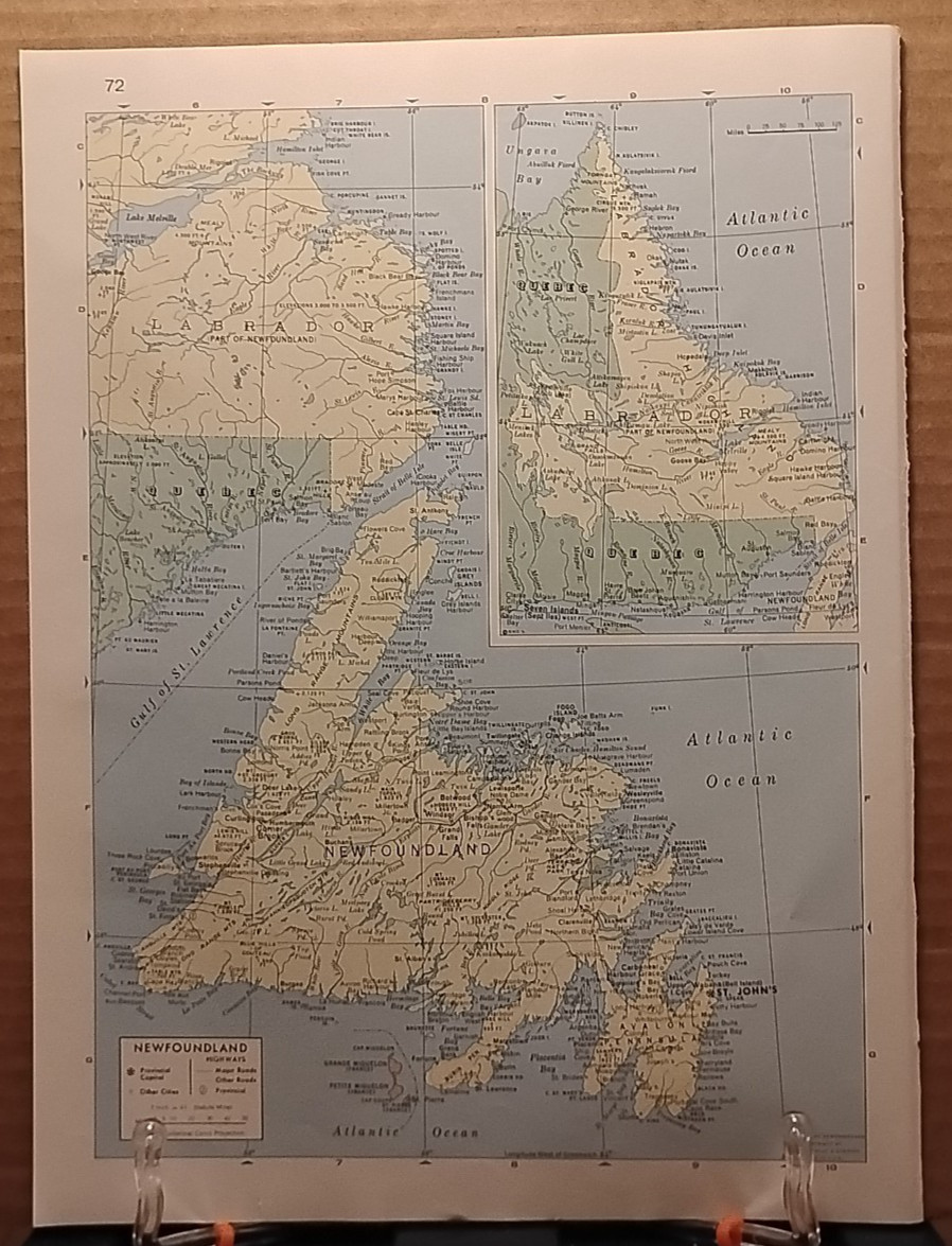 1961 Vintage NEWFOUNDLAND Authentic Atlas Map Life Pictorial Atlas of the World