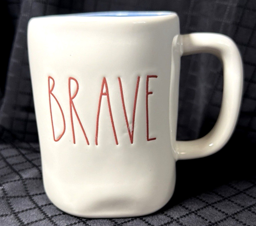Rae Dunn BRAVE White with Red Letters Blue Interior 5" Mug Magenta