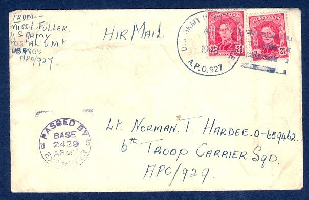 AUSTRALIA #194(2) TIED US ARMY POSTAL SERVICE APO 927 CENSORED TO APO 929