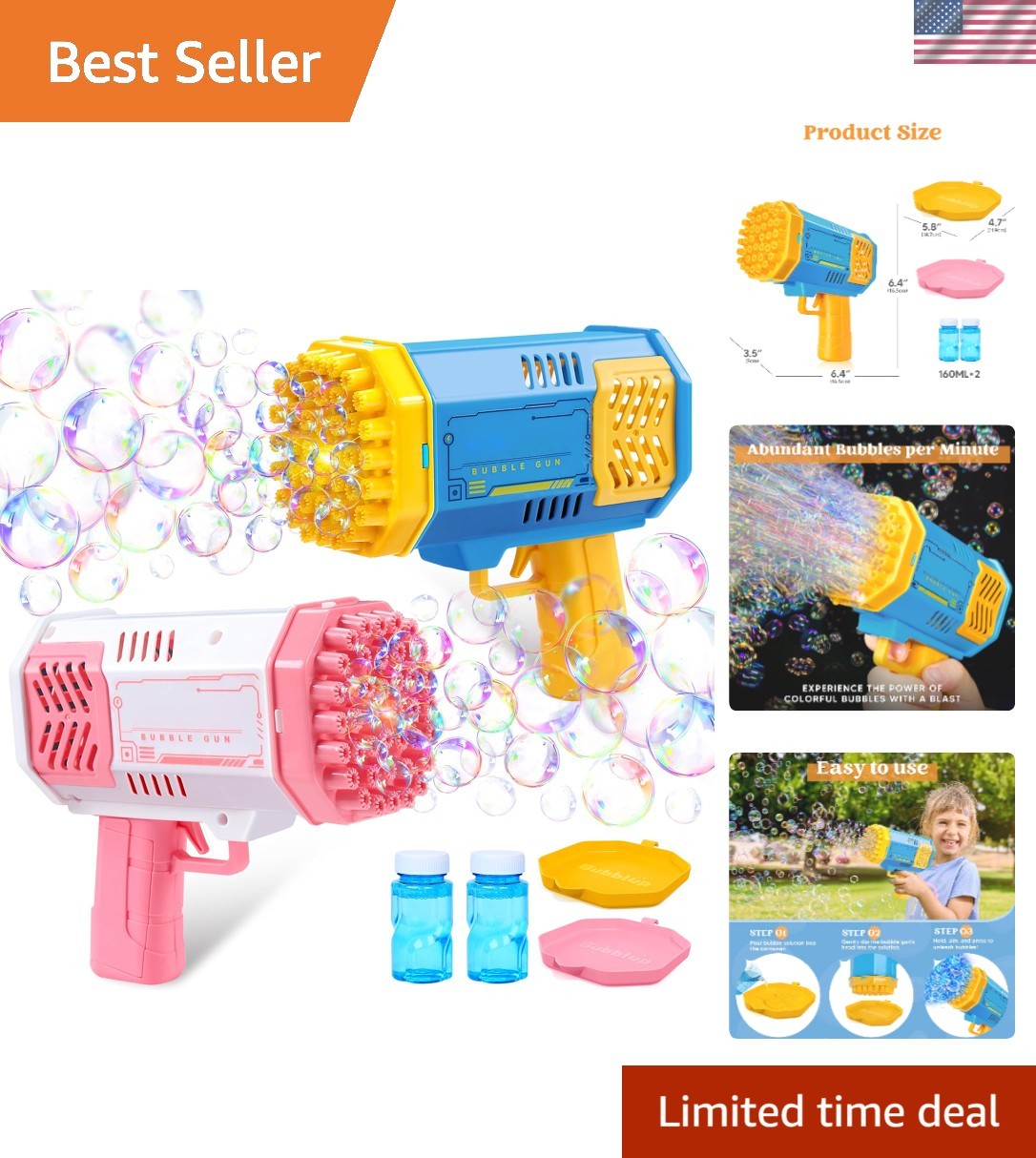 2 Pack Bazooka Bubble Guns LED Rocket Blaster Machine Toys for Kids & Adults Fun