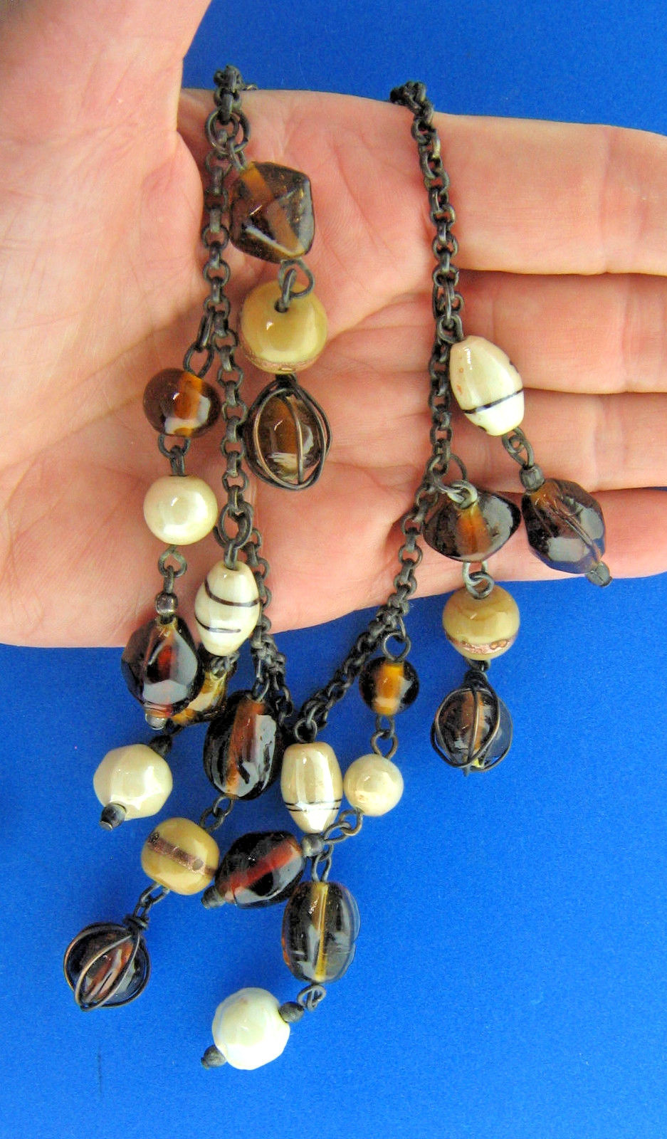 Vintage Glass Bead Fringe Bib Necklace Wire Art