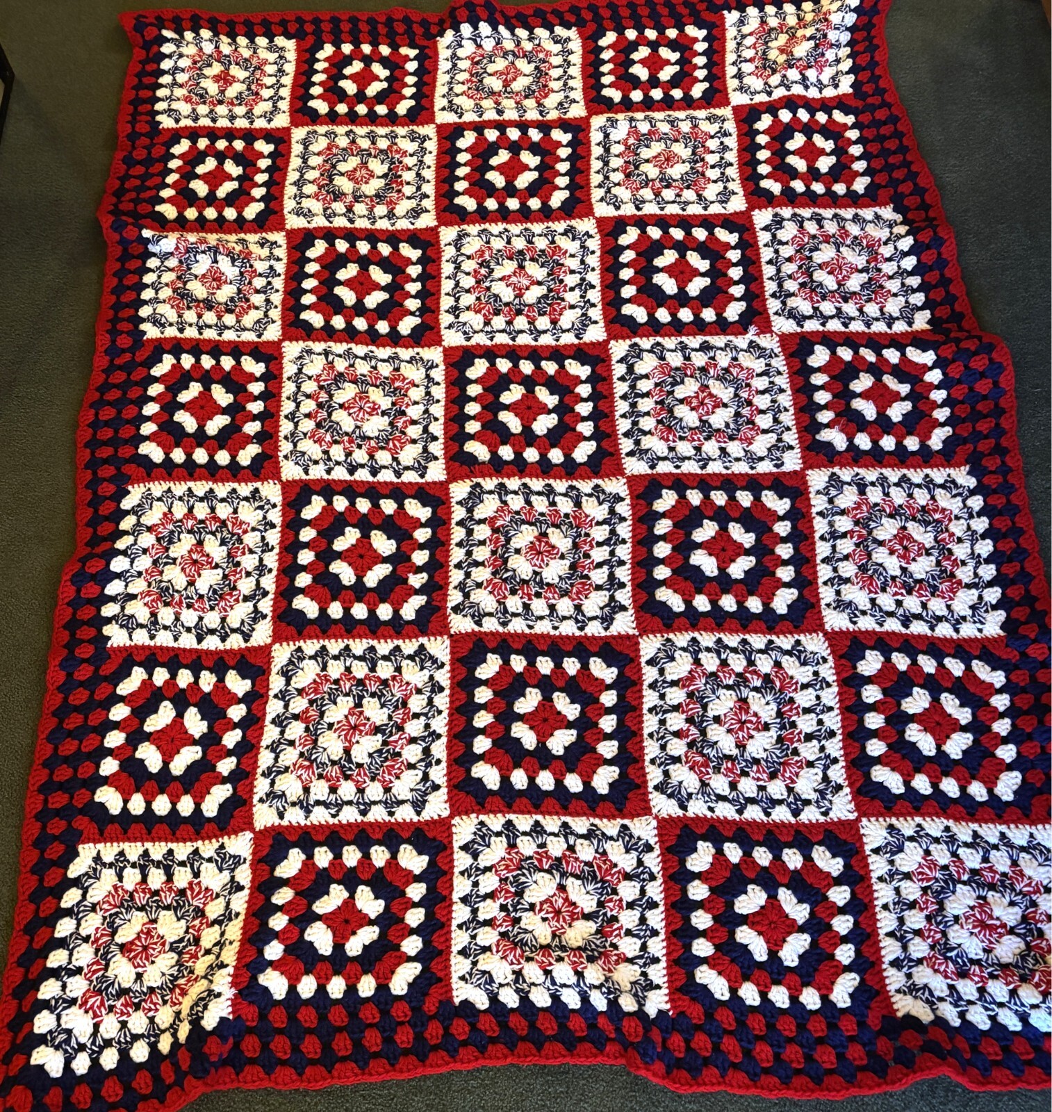 Crocheted Afghan Blanket Throw Large Granny Square Style 81 x 60 Red/White/Blue
