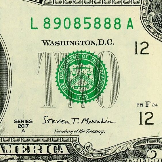 5 of a Kind Fancy Serial Number Two Dollar Bill  Angel Note 2017A L89085888A