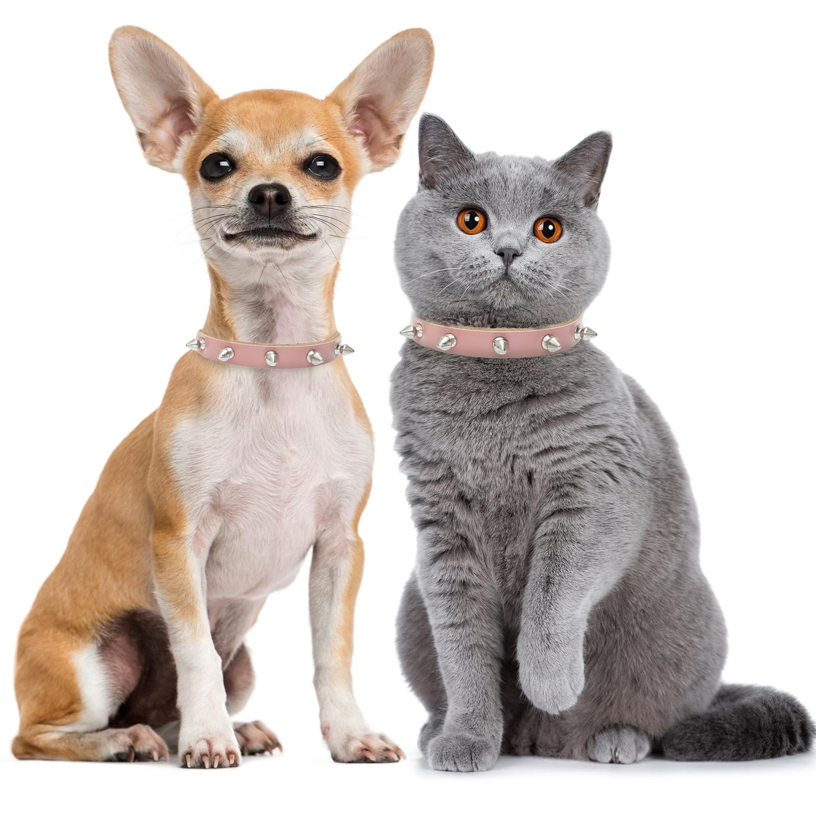 BINGPET Spiked Leather Cat Collar with Bells, Studded M (10.2 "- 13"), Pink 