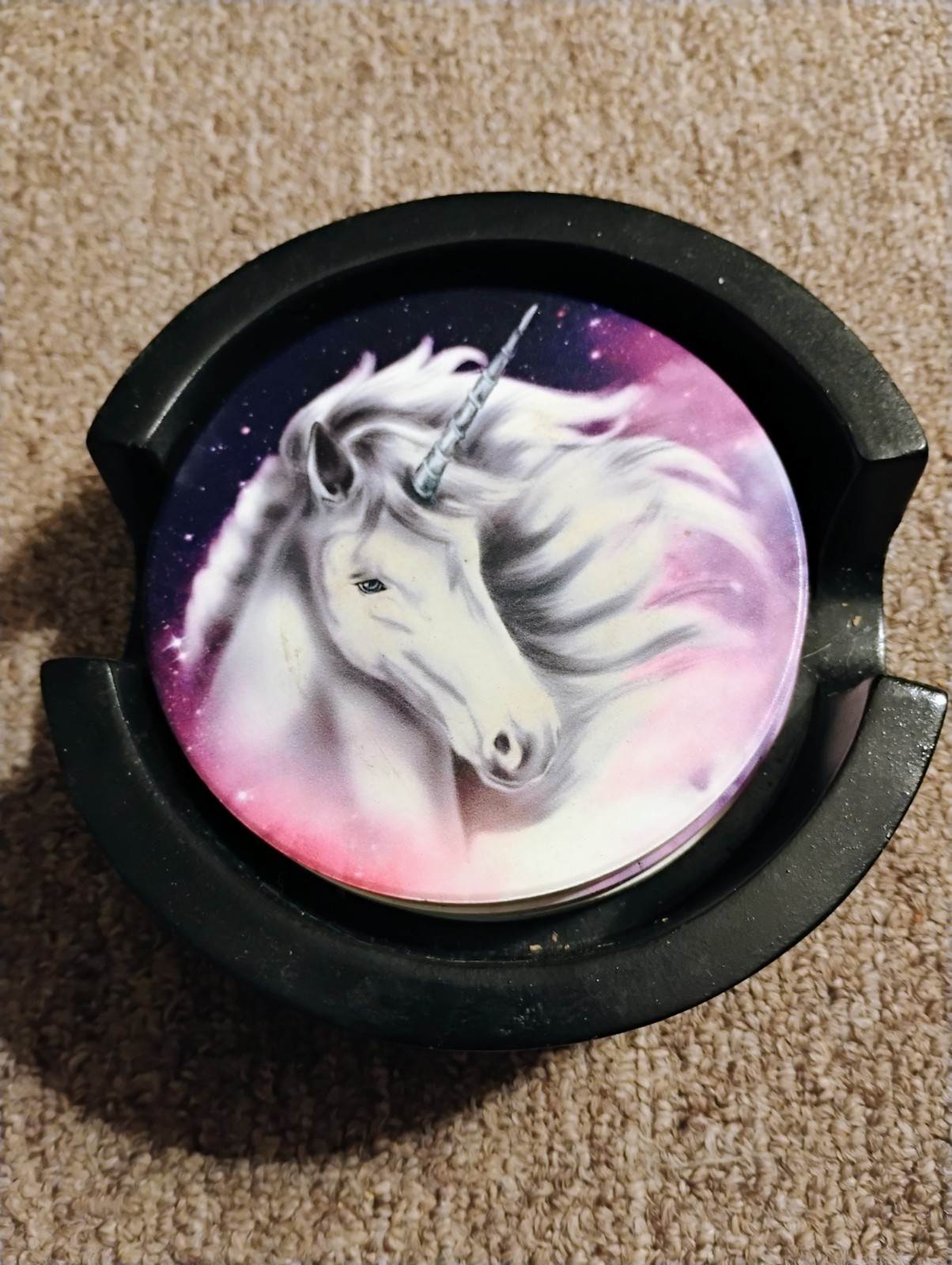 Indigo Night Sky Sacred Unicorn Floral Lace Coaster Set With 3 Ceramic Coasters